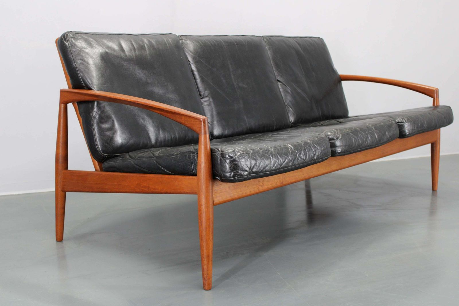 photo buy 1960s Kai Kristiansen Paper Knife 3 Seater Teak Sofa In Leather , Denmark