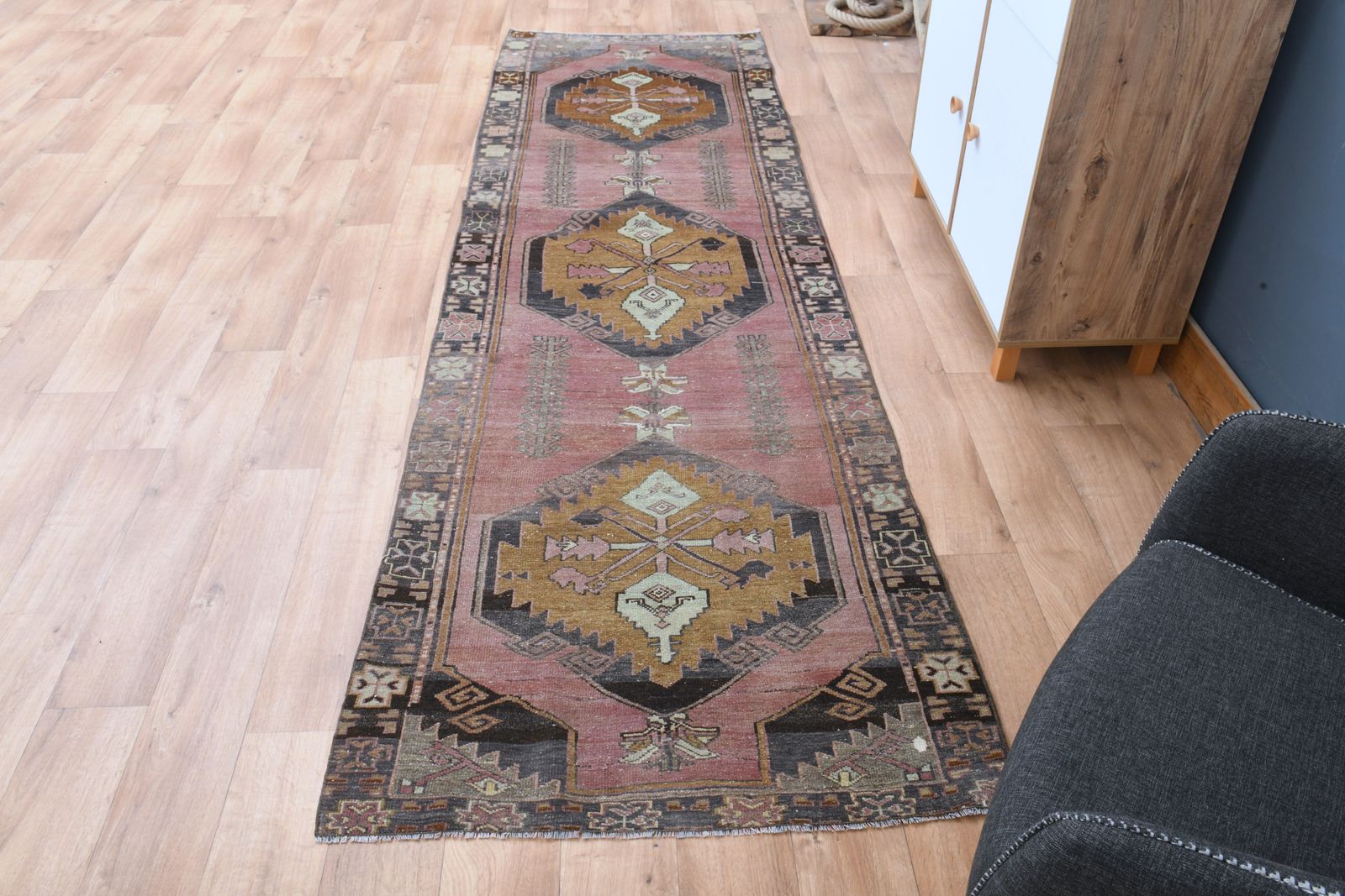 105x331 Cm Stair Chic Decor Turkish Vintage Runner, Wool Oushak Rug, Tribal Rugs, Handmade Carpet photo Textiles