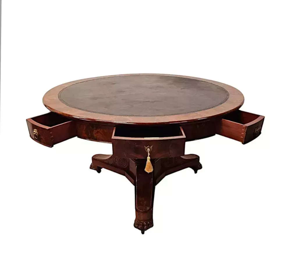 A Very Rare Large 19th Century Flame Mahogany Leather Top Drum Centre Table photo Furniture