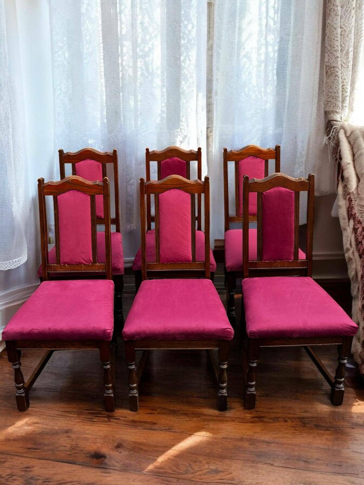 Vintage Old Charm Wood Bros Oak Dining Chairs C1970 / Solid Oak Wooden Frames / Set Of 6