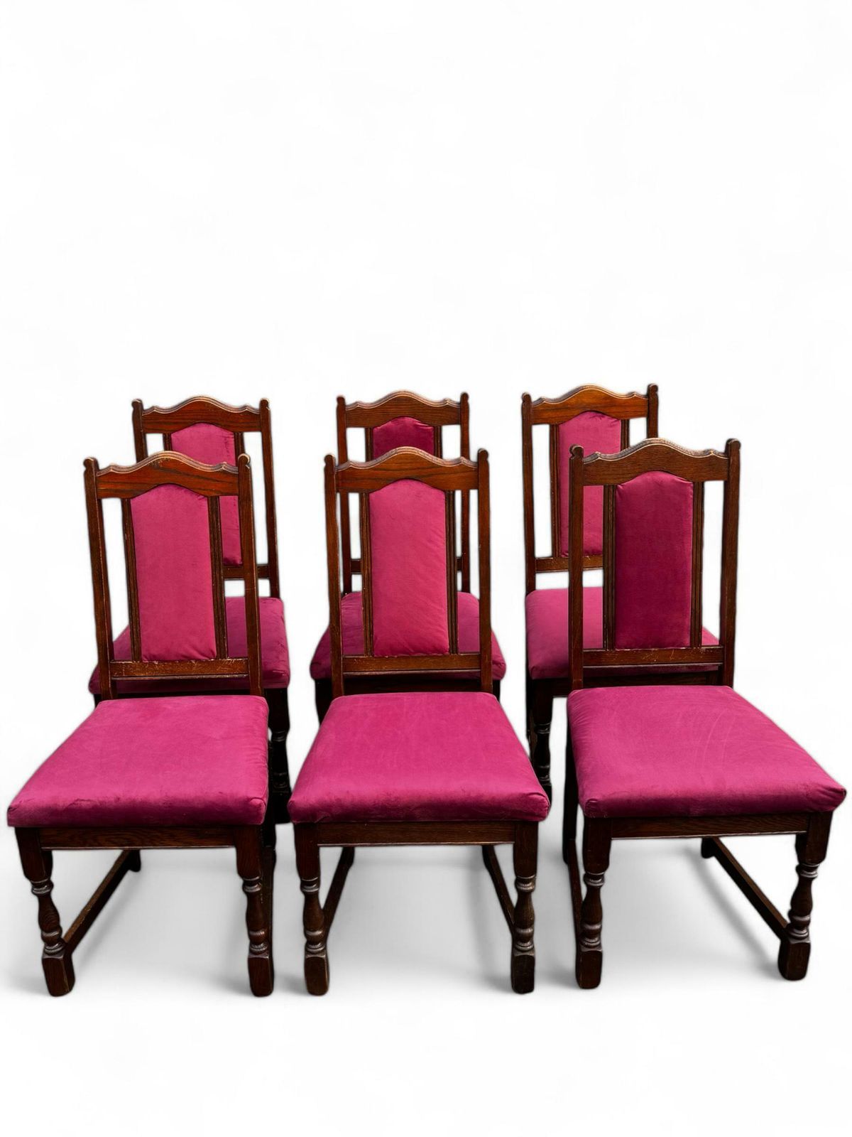 photo furniture Vintage Old Charm Wood Bros Oak Dining Chairs C1970 / Solid Oak Wooden Frames / Set Of 6
