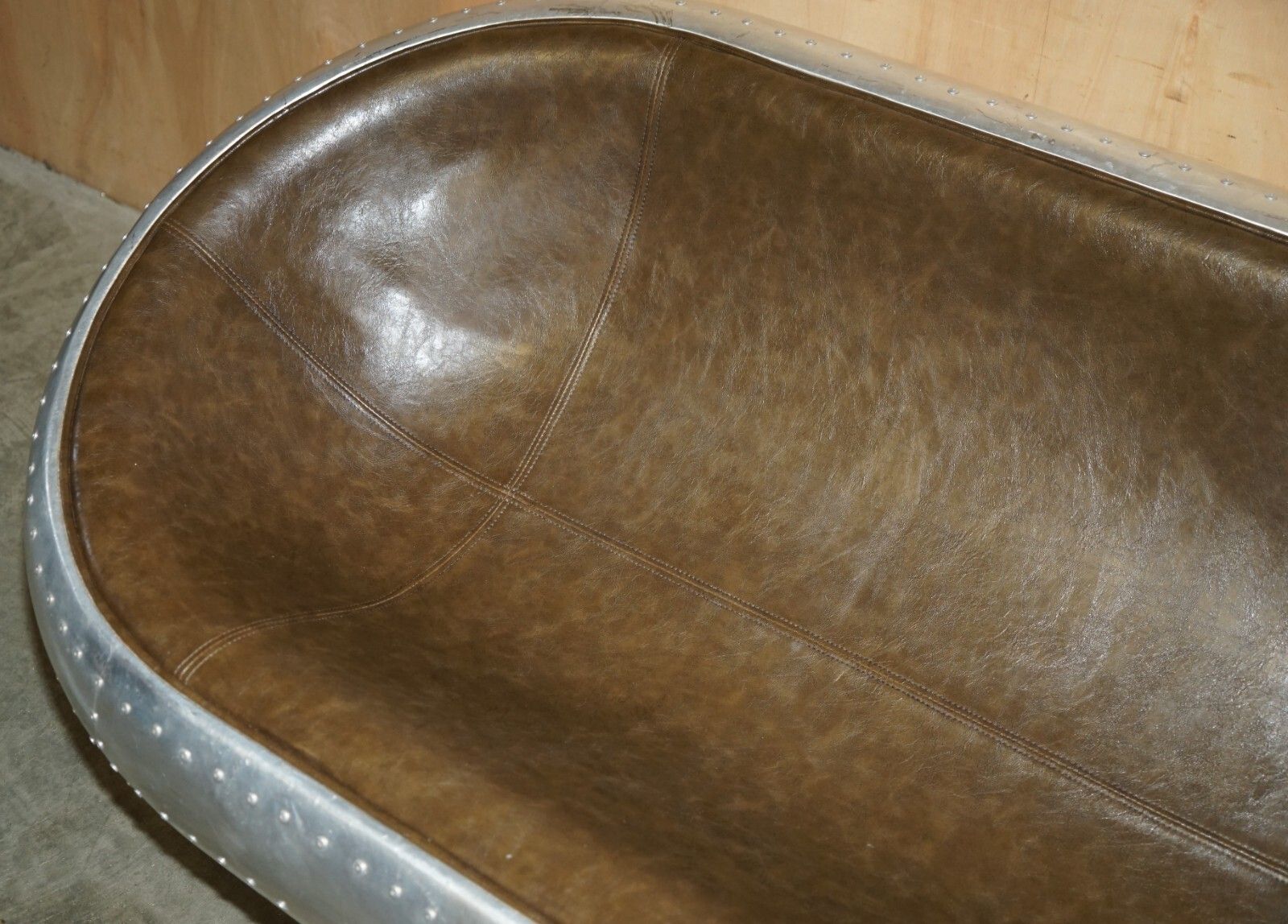 Super Cool Aviator Style Hand Hammered Aluminium & Brown Leather Two Seat Sofa photo vinterior