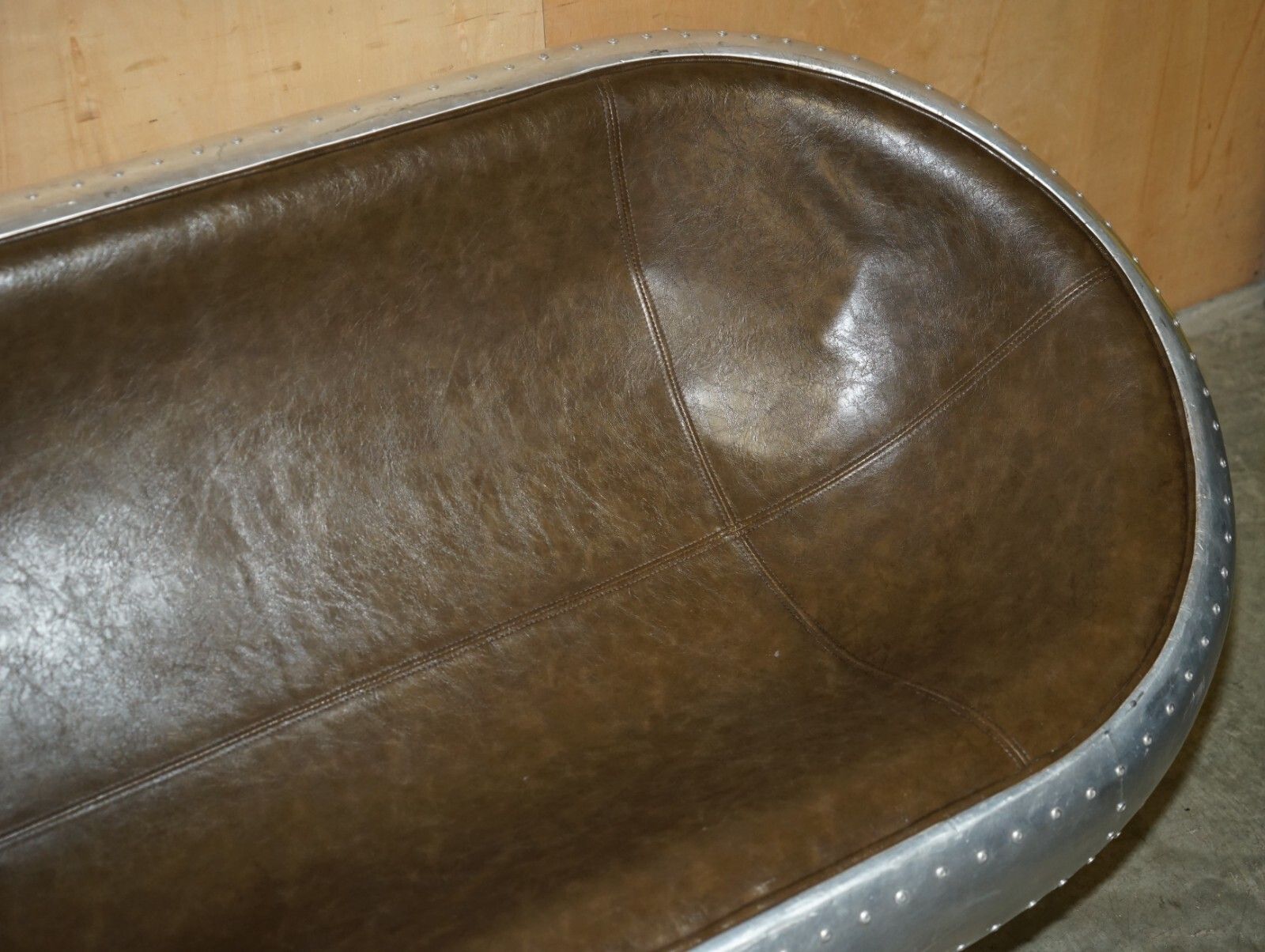 Super Cool Aviator Style Hand Hammered Aluminium & Brown Leather Two Seat Sofa photo vintage