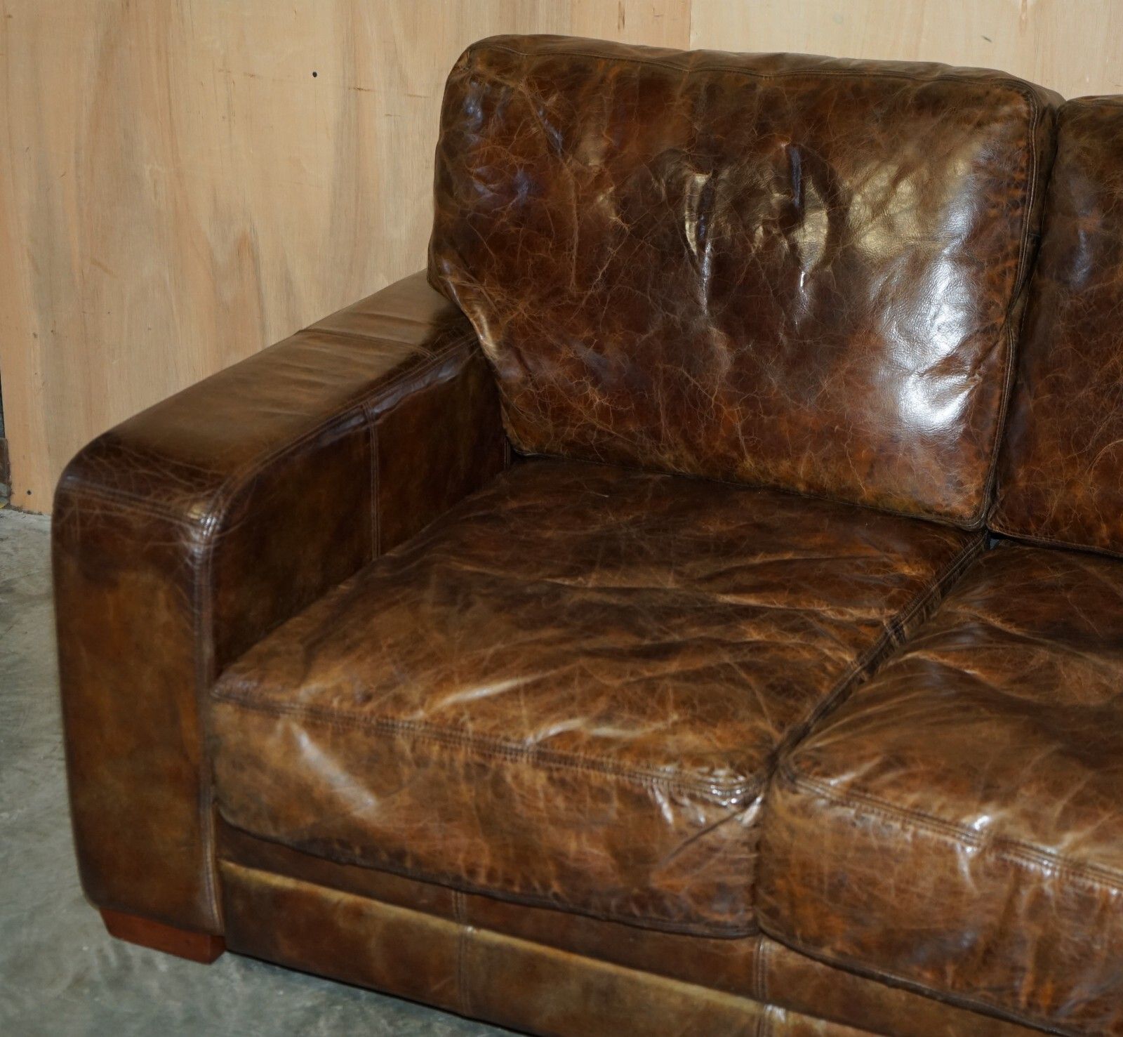 Vintage Heritage Biker Brown Leather Halo Soho Sofa Which Is Part Of A Suite photo for sale
