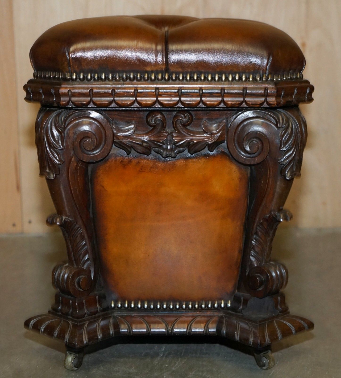 photo buy Important Restored Antique 1830 Leather Rosewood Chesterfield Ottoman Stool