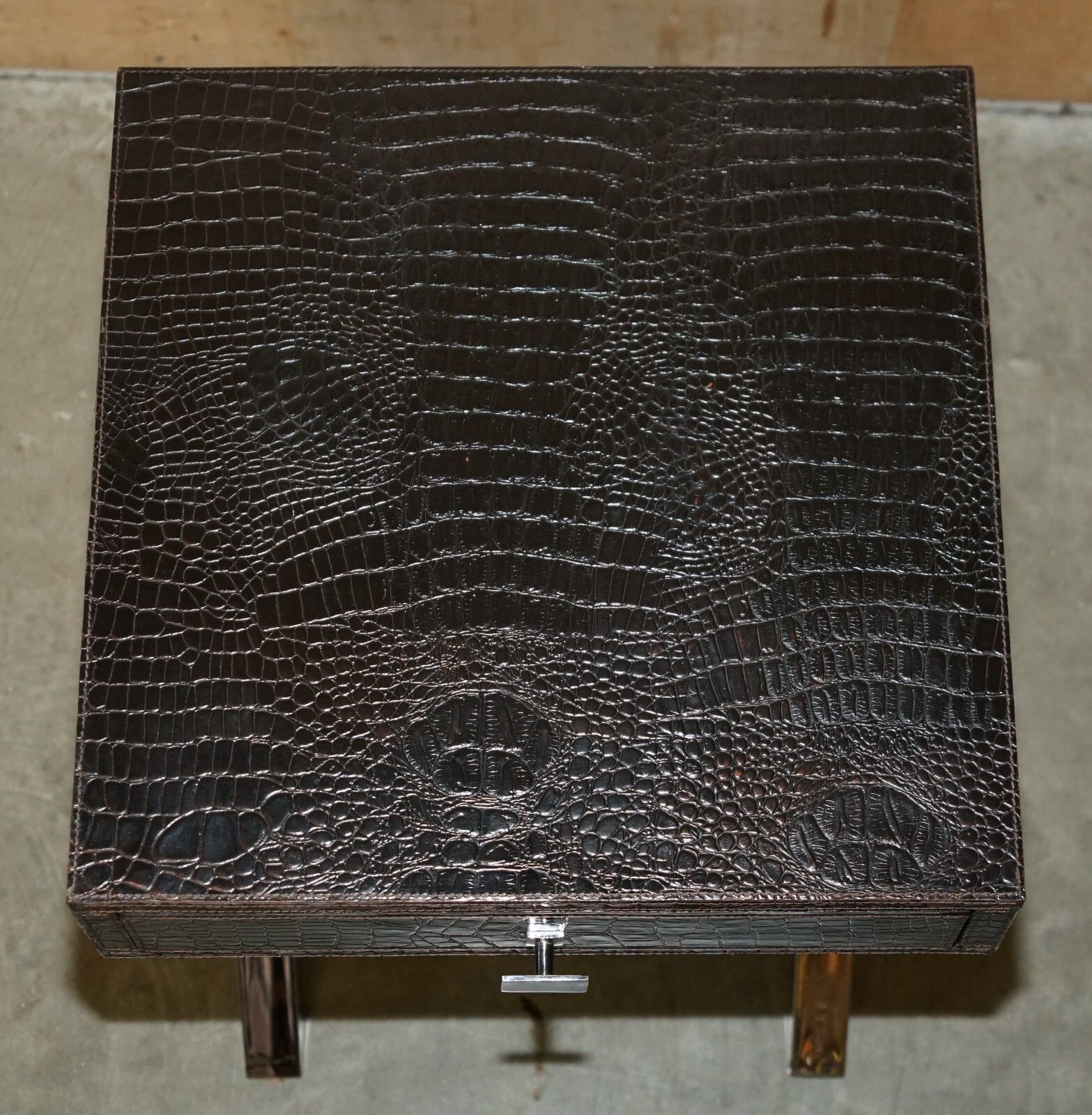 Andrew Martin Style Pair Chrome Crocodile Alligator Leather Patina Side Tables photo Furniture