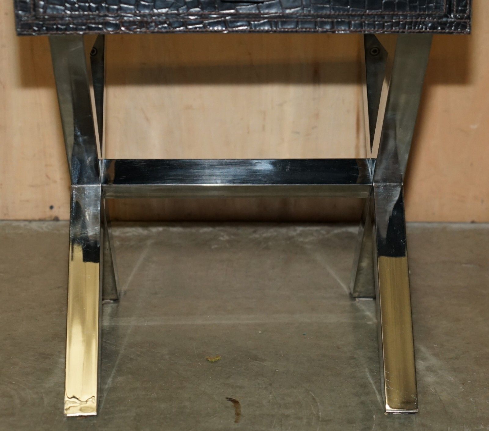 Andrew Martin Style Pair Chrome Crocodile Alligator Leather Patina Side Tables photo vintage