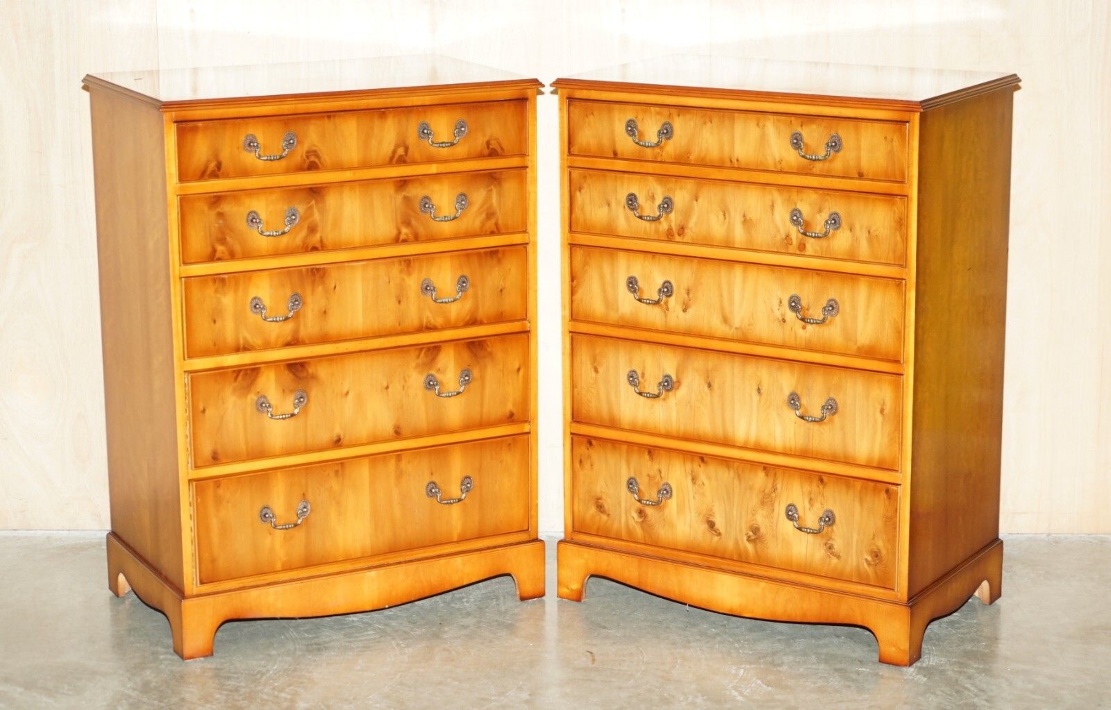 Pair Of Very Large 110cm Tall Sheraton Revival Burr Walnut Chests Of Drawers photo furniture