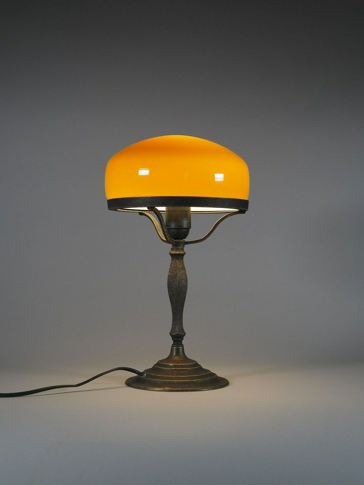 Vintage Art Deco Banker Style Table Lamp With Cognac Glass Shade   Nightstand Lamp With Delux Design ,Elegant Desk
