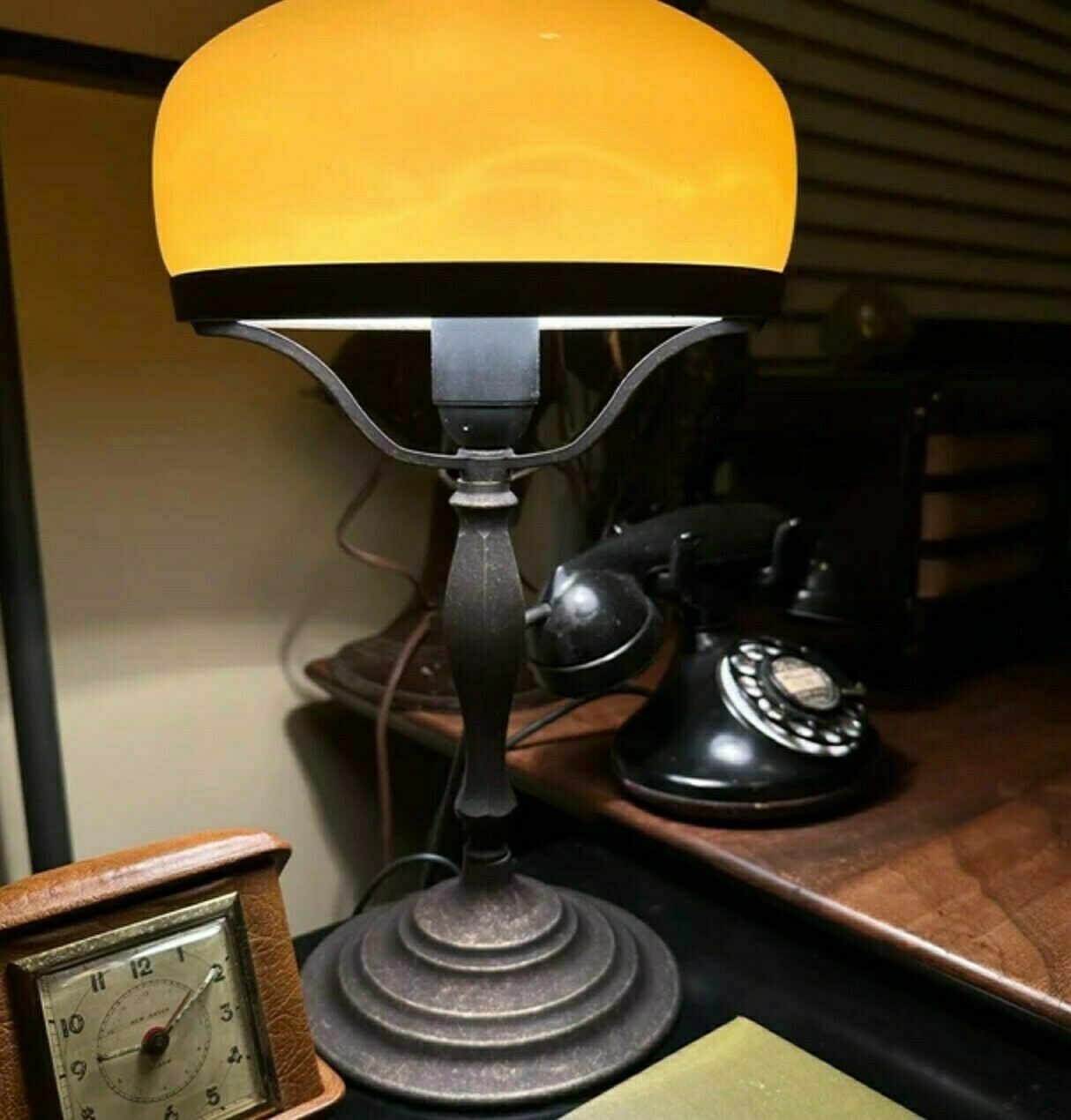Vintage Art Deco Banker Style Table Lamp With Cognac Glass Shade   Nightstand Lamp With Delux Design ,Elegant Desk photo 311.0