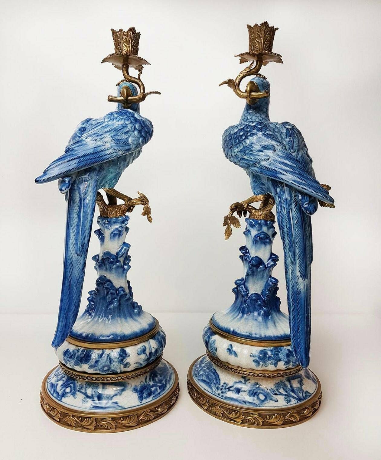 Pair Of Gilt Art Nouveau Style Brass Porcelain Parrot Standing Candlesticks photo furniture