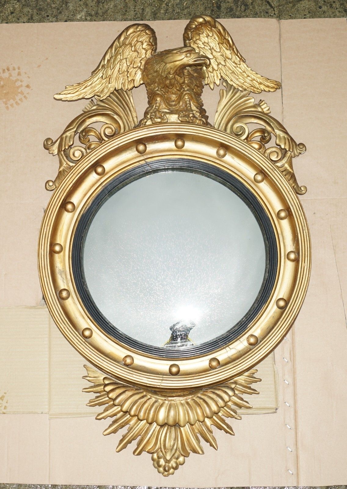 Antique Regency Cir 1820 Alban Vokins Gold Giltwood Convex Bullseye Eagle Mirror