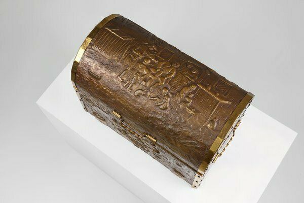 photo furniture Large Chest Covered With Sculpted Copper Relief, Belgium, 1930s