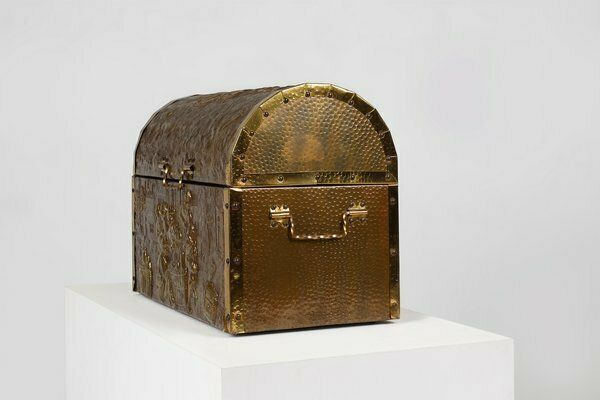 Furniture Large Chest Covered With Sculpted Copper Relief, Belgium, 1930s photo