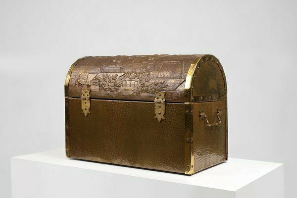 989.0 Large Chest Covered With Sculpted Copper Relief, Belgium, 1930s photo
