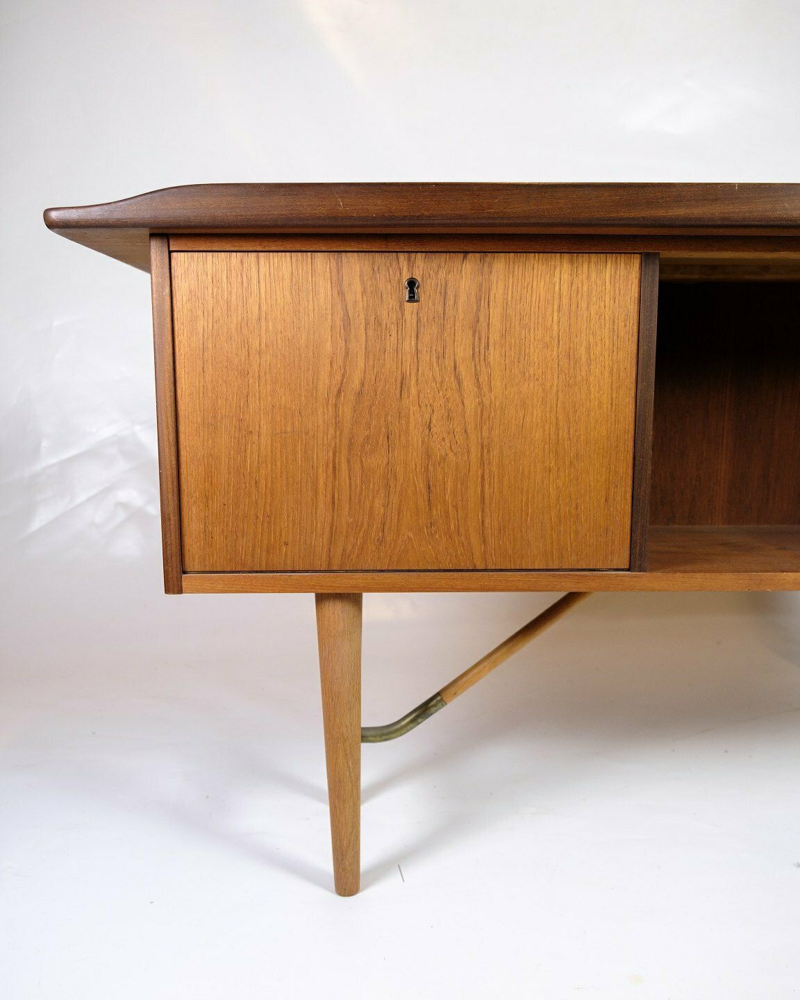 Boomerang Desk In Teak & Brass By Peter Løvig Nielsen For Hedensted Furniture Factory From 1960s photo vintage