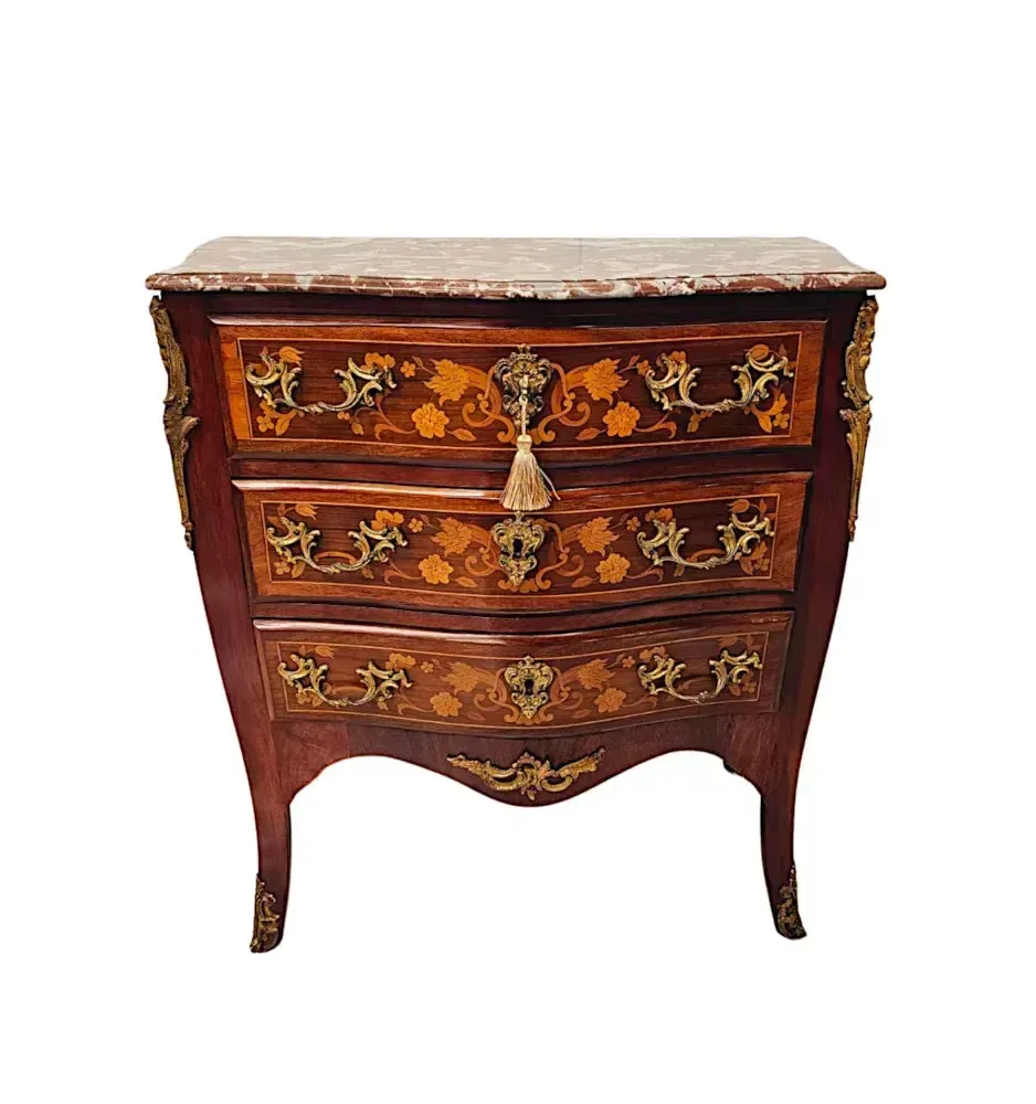 A Stunning Late 19th Century Marquetry Inlaid Marble Top Chest Of Drawers