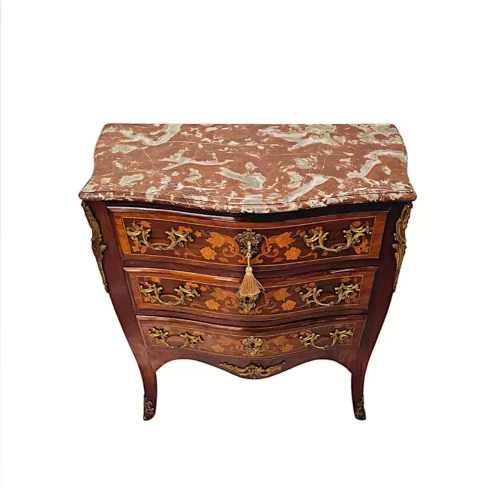 A Stunning Late 19th Century Marquetry Inlaid Marble Top Chest Of Drawers photo vinterior