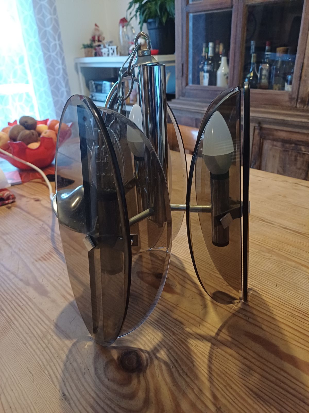 photo vintage Vintage Chandelier By Fontana Arte, Chrome And Smoked Glass