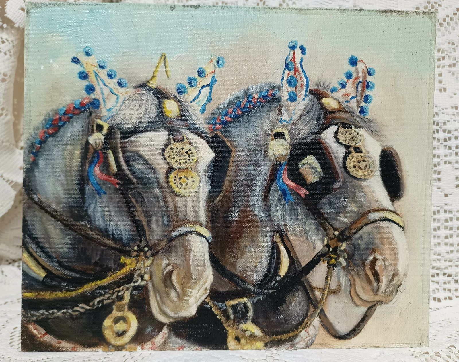 Unframed Oil Painting Pair Of Greys ,Shire Horses Artist Signed On Back. photo 60.0