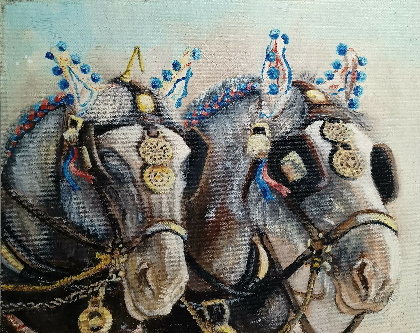 photo furniture Unframed Oil Painting Pair Of Greys ,Shire Horses Artist Signed On Back.