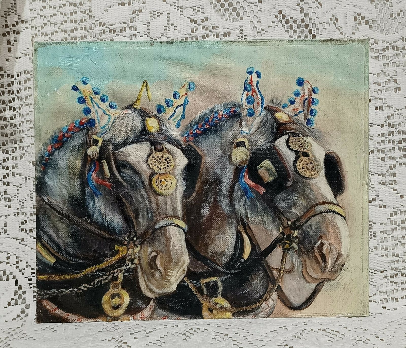 Unframed Oil Painting Pair Of Greys ,Shire Horses Artist Signed On Back.