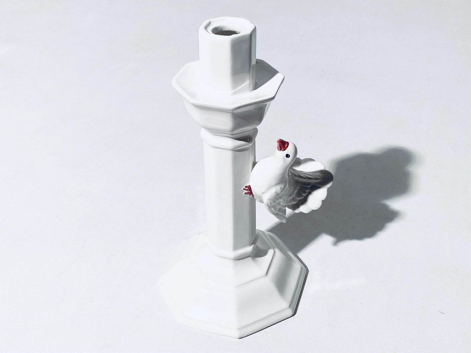 White Ceramic Candleholder With Dove Motif / 1950s Italian Home Decor