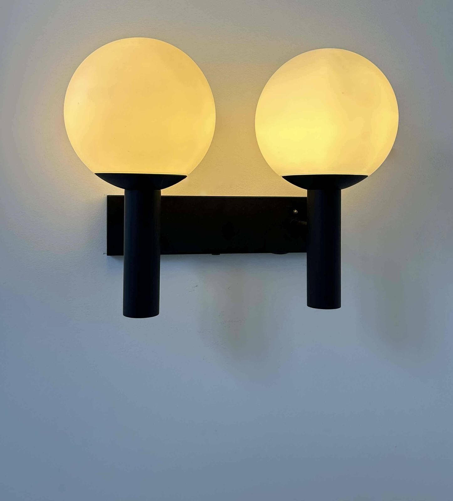 Double Wall Lamp In Opaline And Black Lacquered Metal, Raak Netherlands 1960 photo vintage
