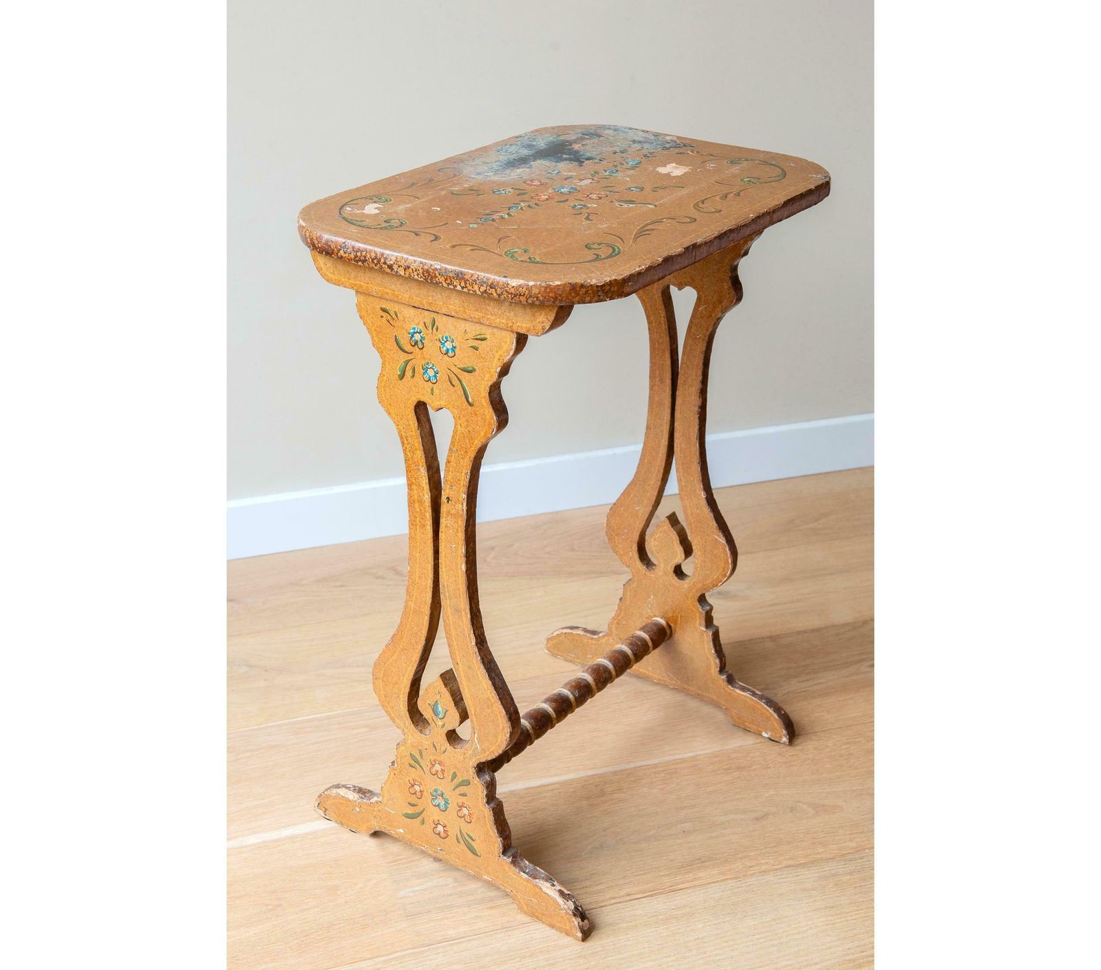 Antique Folk Art Table, Dutch Side Table With Carved Legs, 19th Century, Hand Painted Floral Coffee Table, Folklore Plant Stand