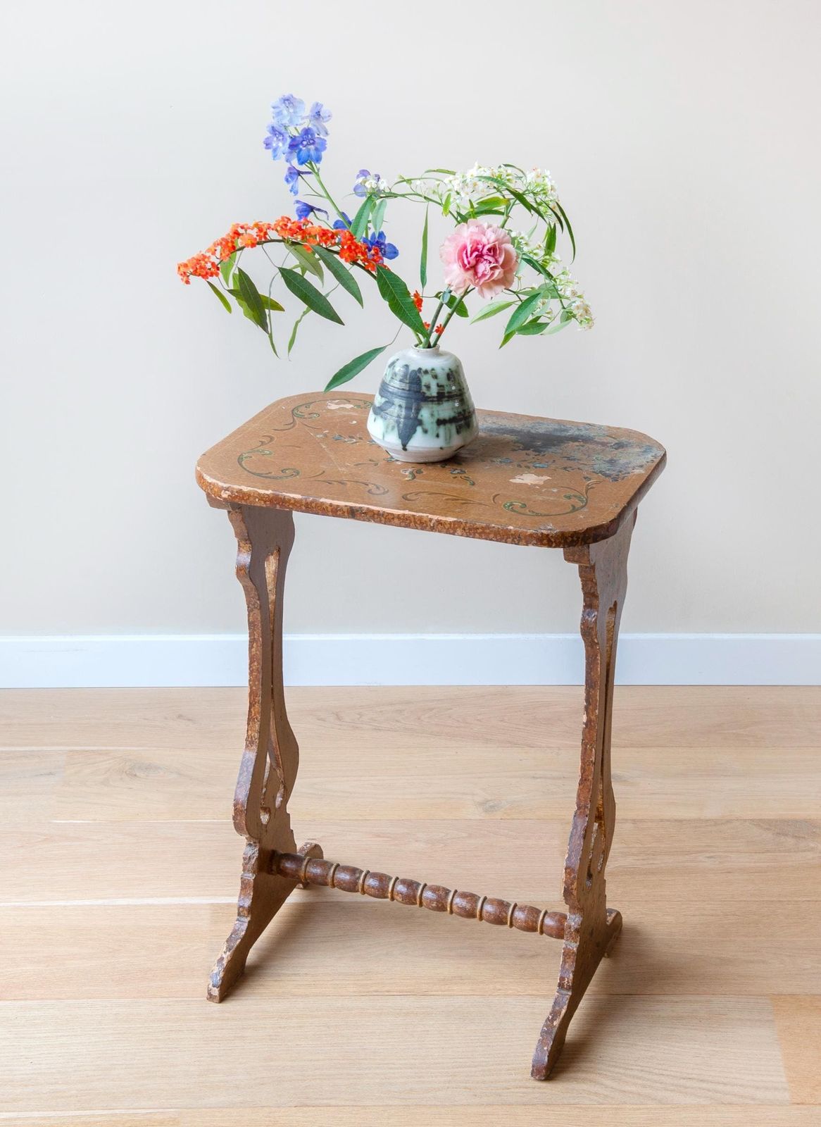 Antique Folk Art Table, Dutch Side Table With Carved Legs, 19th Century, Hand Painted Floral Coffee Table, Folklore Plant Stand photo furniture