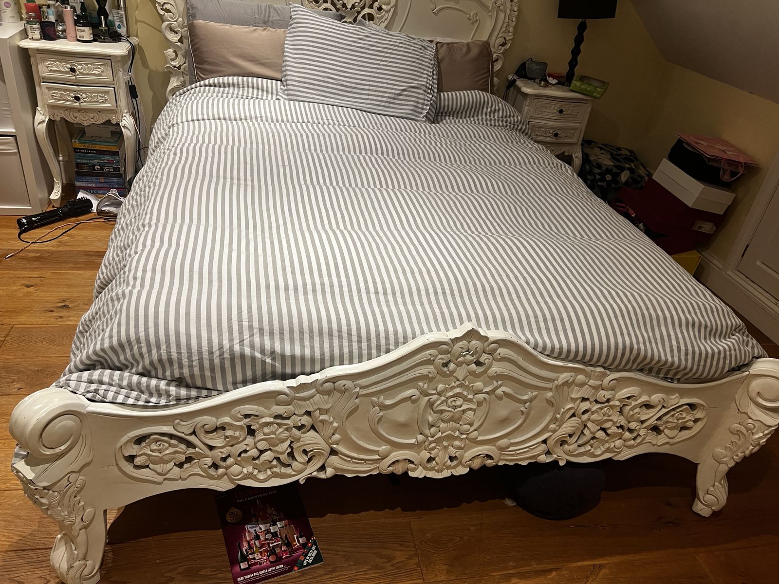Ornate French Style Rococo Off White Painted King Wooden Mahogany Carved Bed And Side Tables X 2 photo furniture