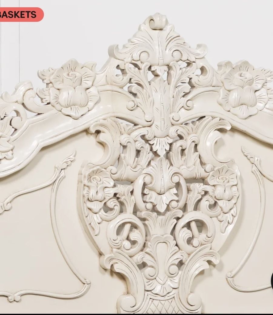 Ornate French Style Rococo Off White Painted King Wooden Mahogany Carved Bed And Side Tables X 2 photo vinterior