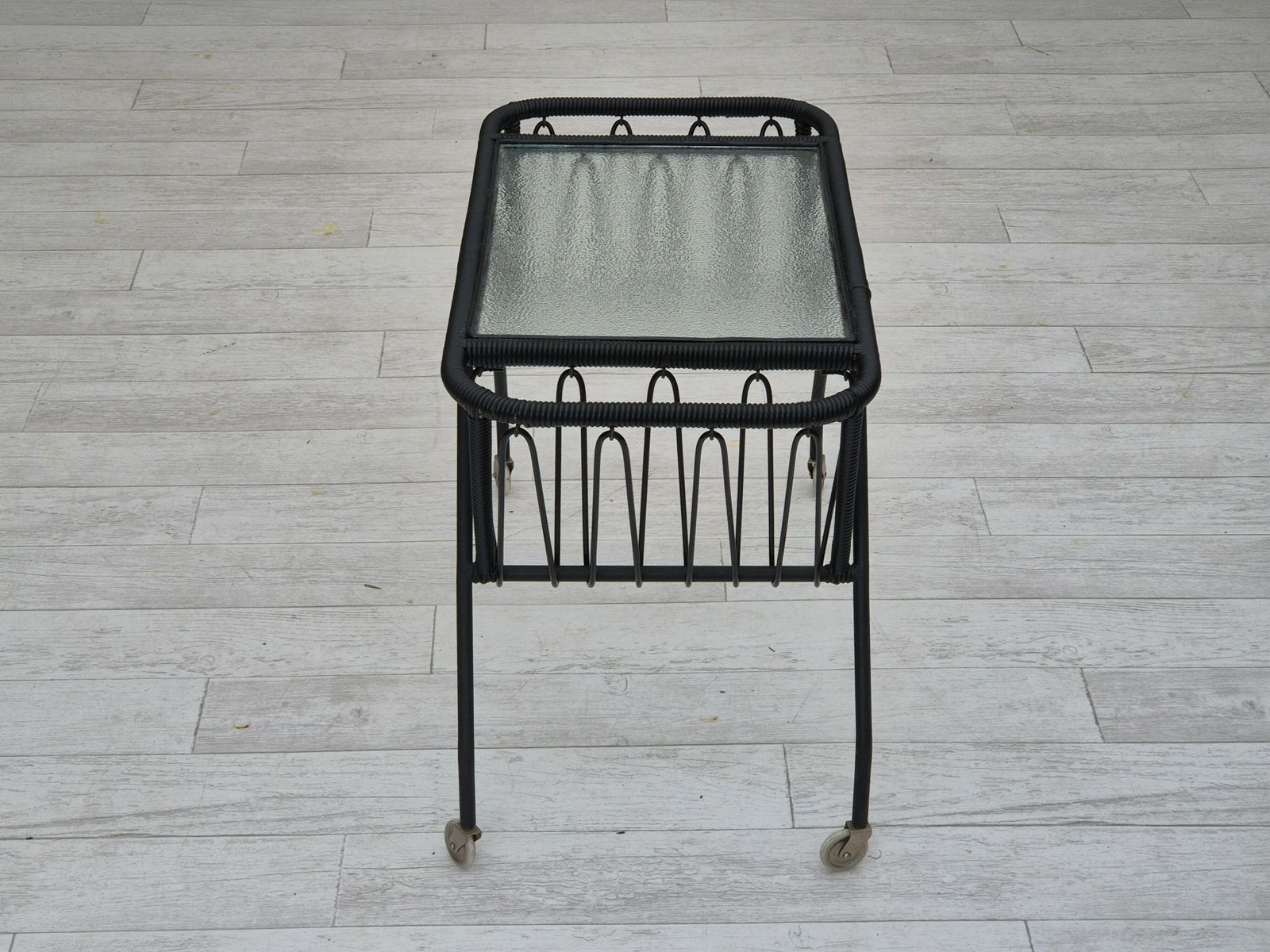 1970s, Scandinavian Side Table, Original Condition, Glass, Wood, Metal, Plastic Rope. photo furniture