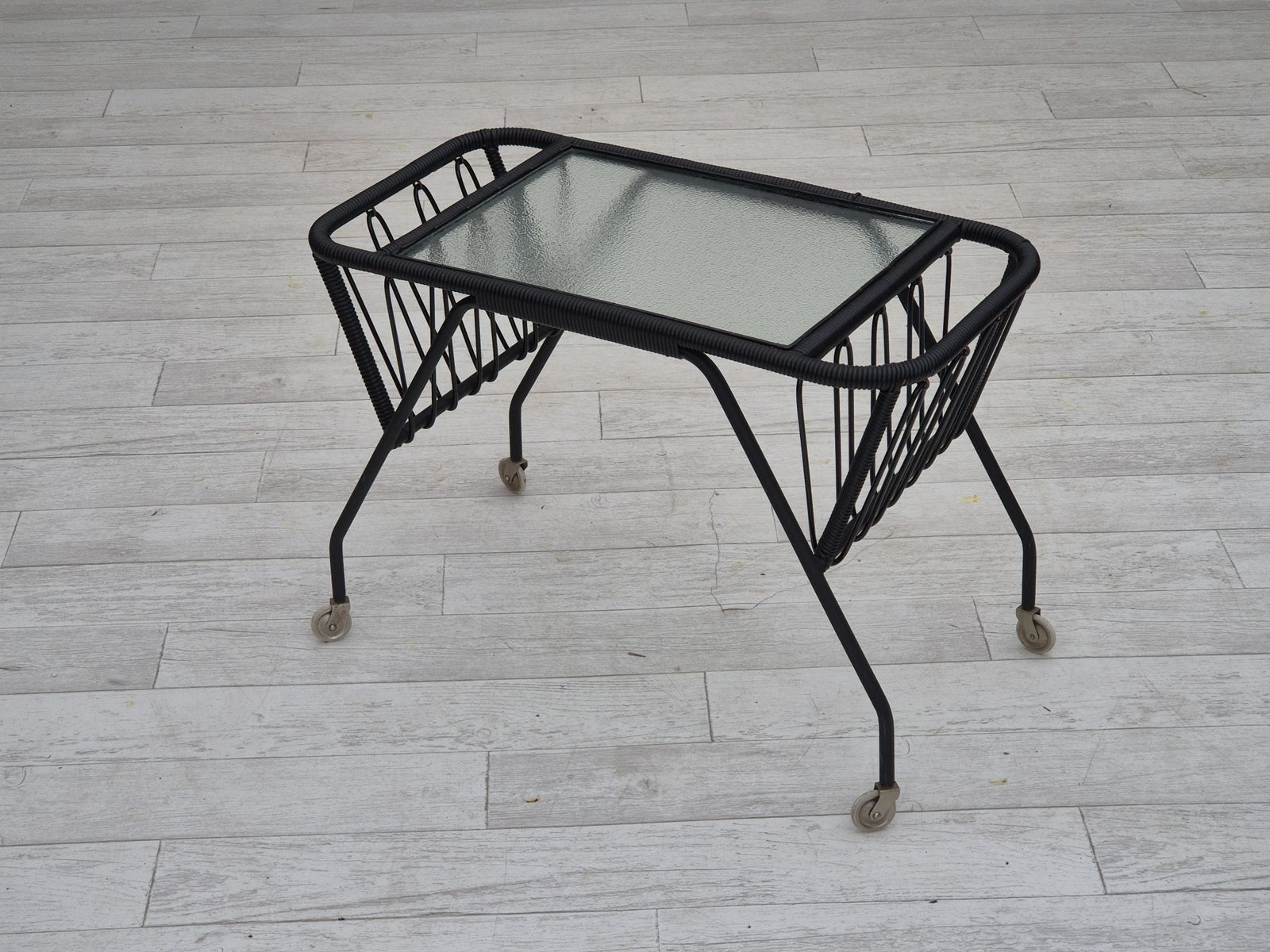 1970s, Scandinavian Side Table, Original Condition, Glass, Wood, Metal, Plastic Rope. photo for sale