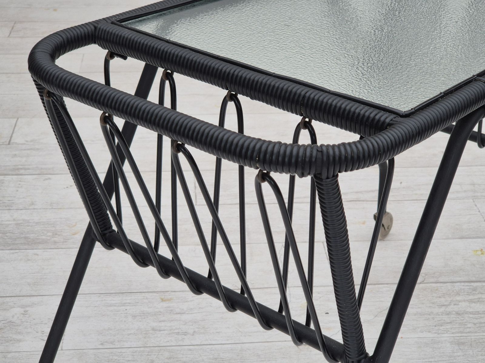 photo buy 1970s, Scandinavian Side Table, Original Condition, Glass, Wood, Metal, Plastic Rope.