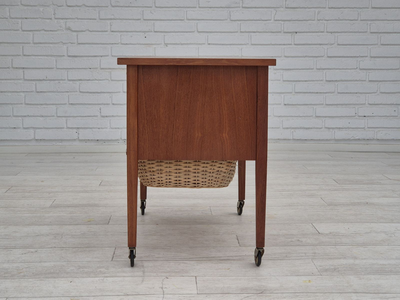 1970s, Danish Side Chest Of Drawers, Teak Wood, Rattan, Brass Wheels, Original Condition. photo 610.0