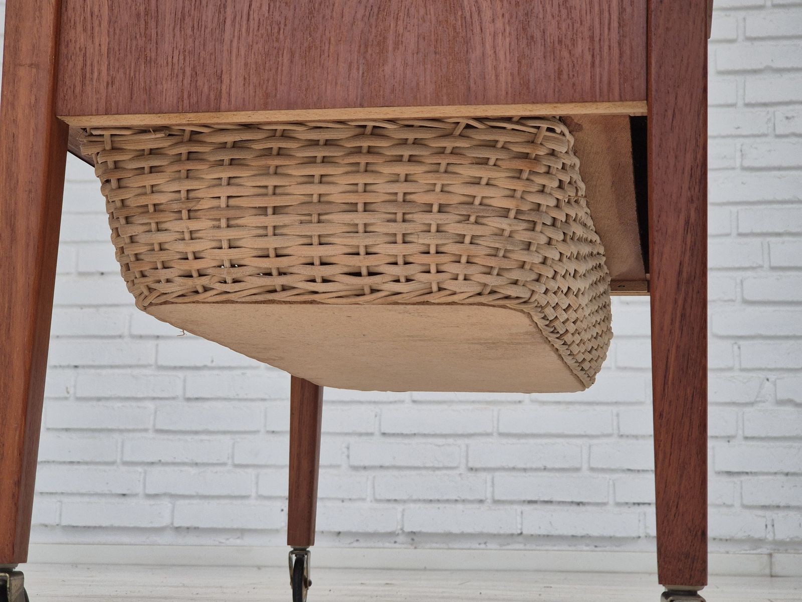 photo vinterior 1970s, Danish Side Chest Of Drawers, Teak Wood, Rattan, Brass Wheels, Original Condition.