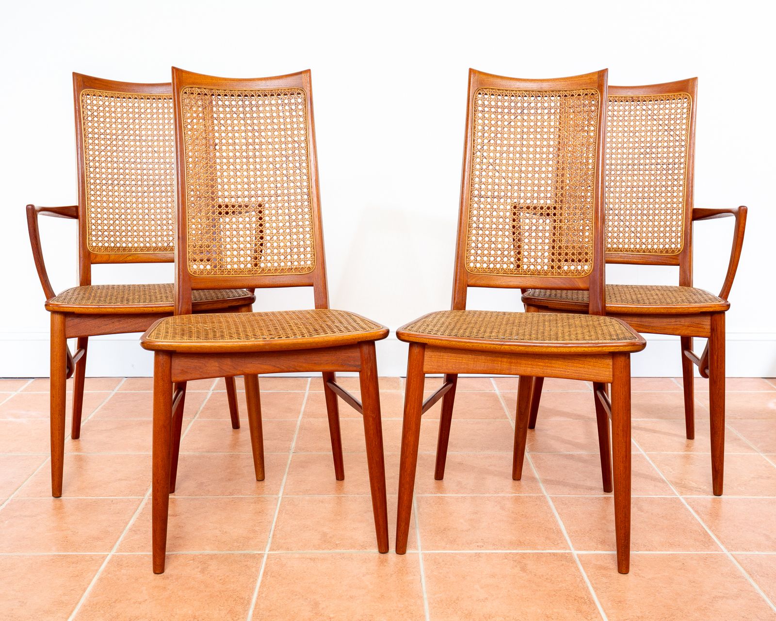 3950.0 Mid Century Danish Dining Chairs By Niels Koefoeds Set Of 4 1960s Teak Two Tone Lis Hornslet Rattan Cane Scandinavian Nordic Japandi Mcm photo