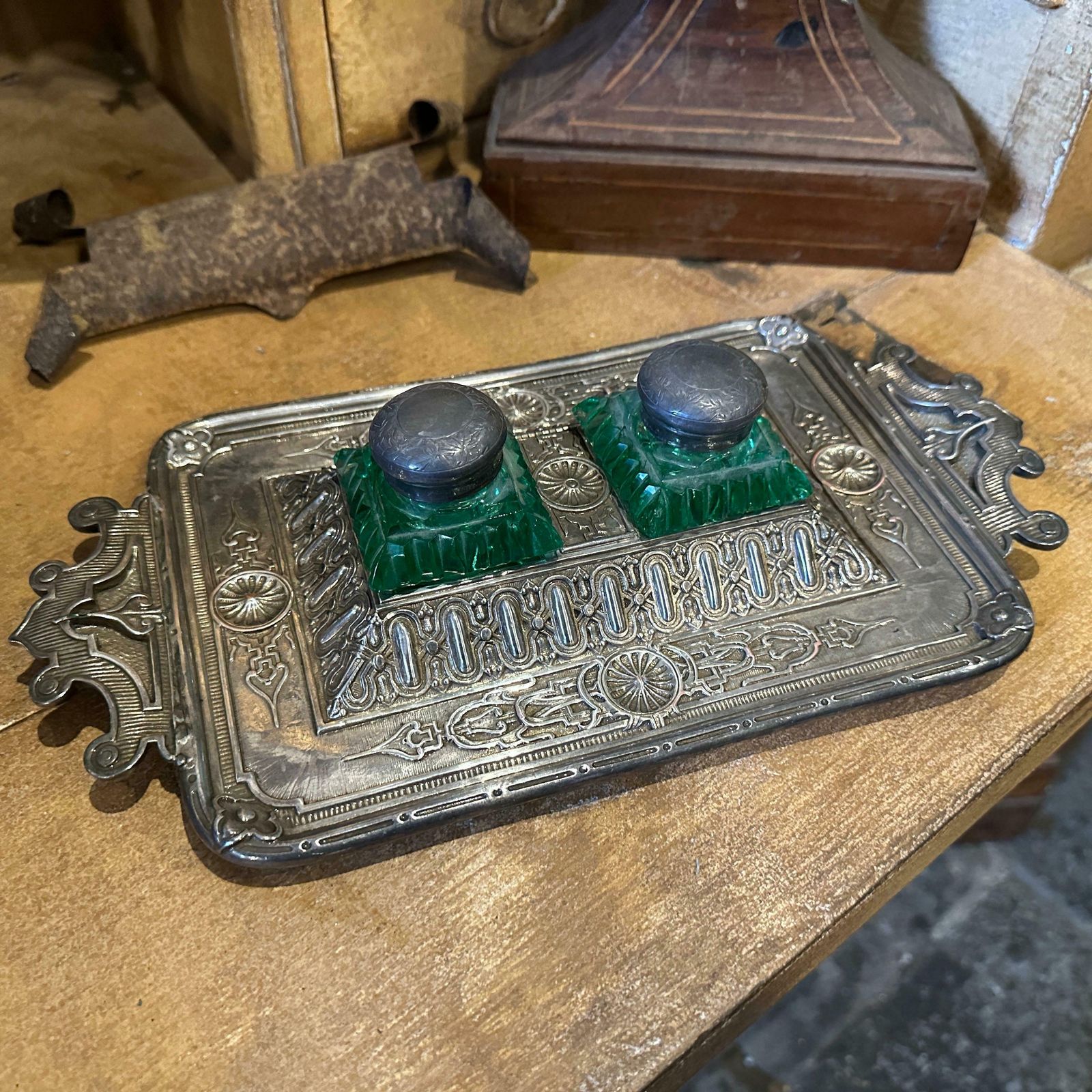 Late 19th Century Victorian Silver Plated And Green Glass Inkwell photo furniture