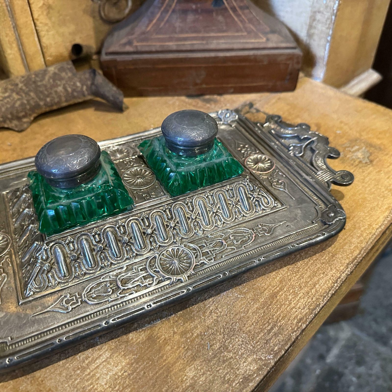 Late 19th Century Victorian Silver Plated And Green Glass Inkwell photo Home Decor