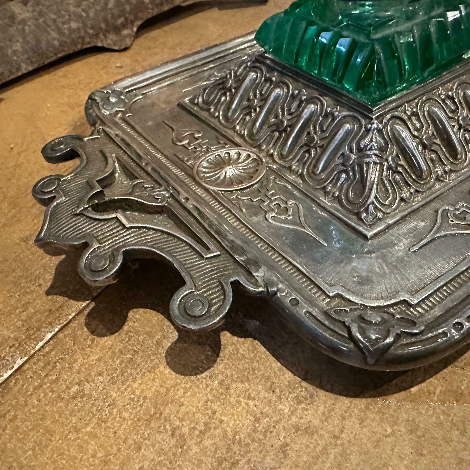 Home Decor Late 19th Century Victorian Silver Plated And Green Glass Inkwell photo
