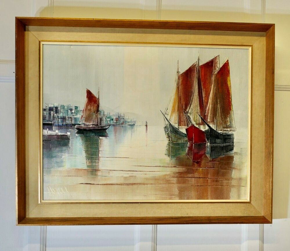 Original Signed Yachts In Harbour Oil Painting
