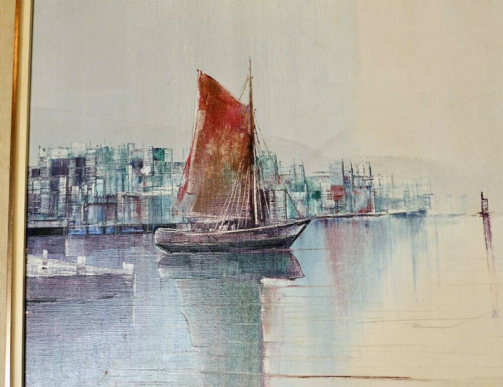 Original Signed Yachts In Harbour Oil Painting photo 330.0