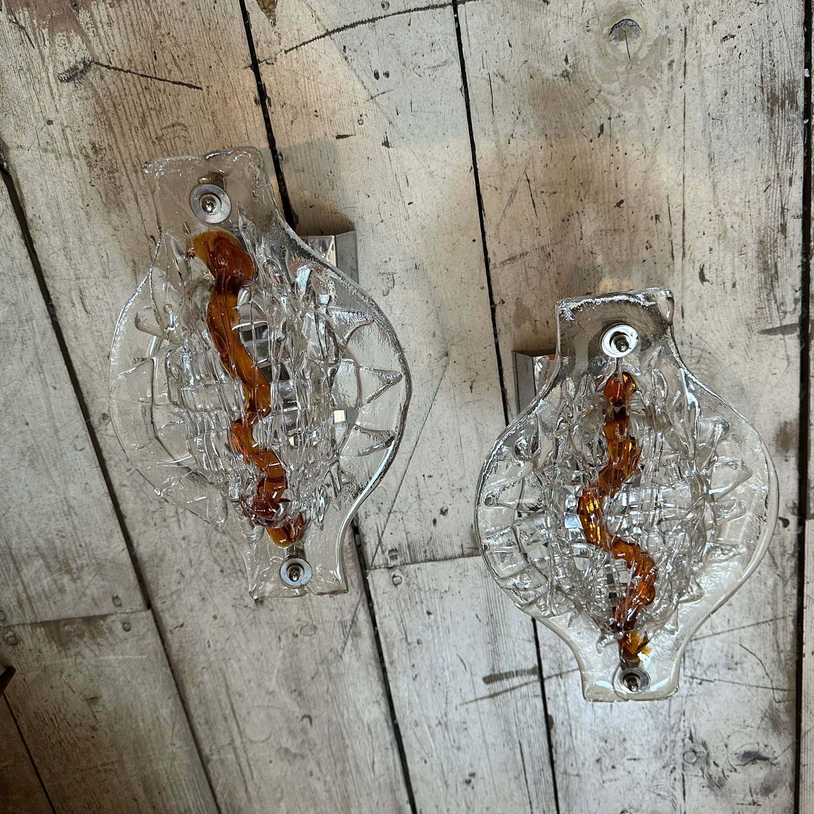 Set Of Two 1970s Space Age Clear And Brown Murano Glass Wall Sconces By Mazzega photo furniture