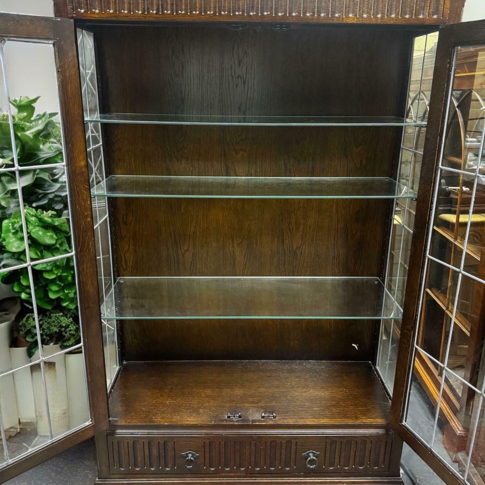 Vintage Oak Glass Fronted Bookcase C1960 / Internal Lighting / Lower Drawer photo 450.0