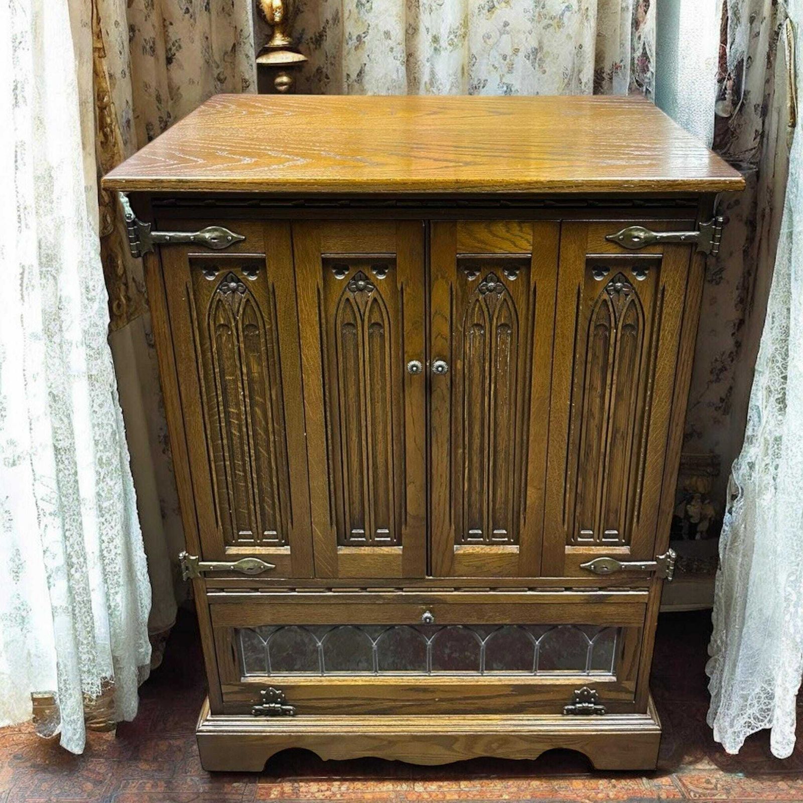 Vintage Old Charm Wood Brothers / Oak Tallboy Linen Fold Cabinet Cupboard C1970