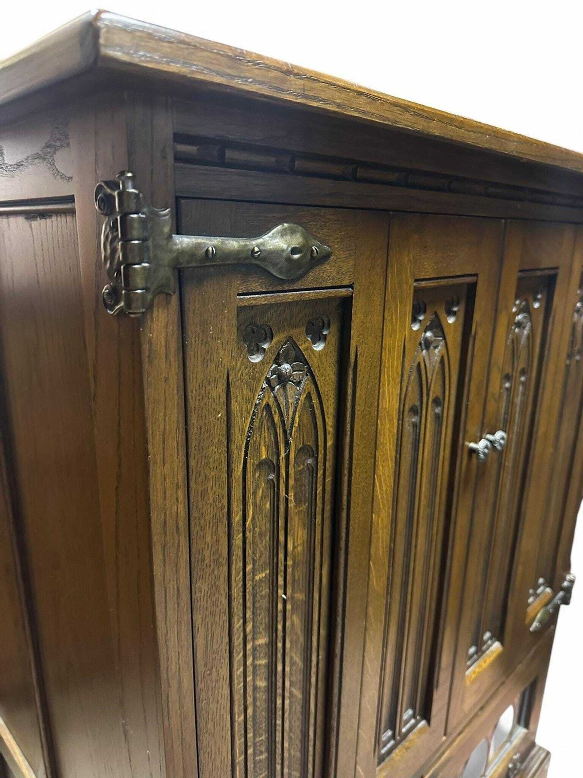 Vintage Old Charm Wood Brothers / Oak Tallboy Linen Fold Cabinet Cupboard C1970 photo furniture