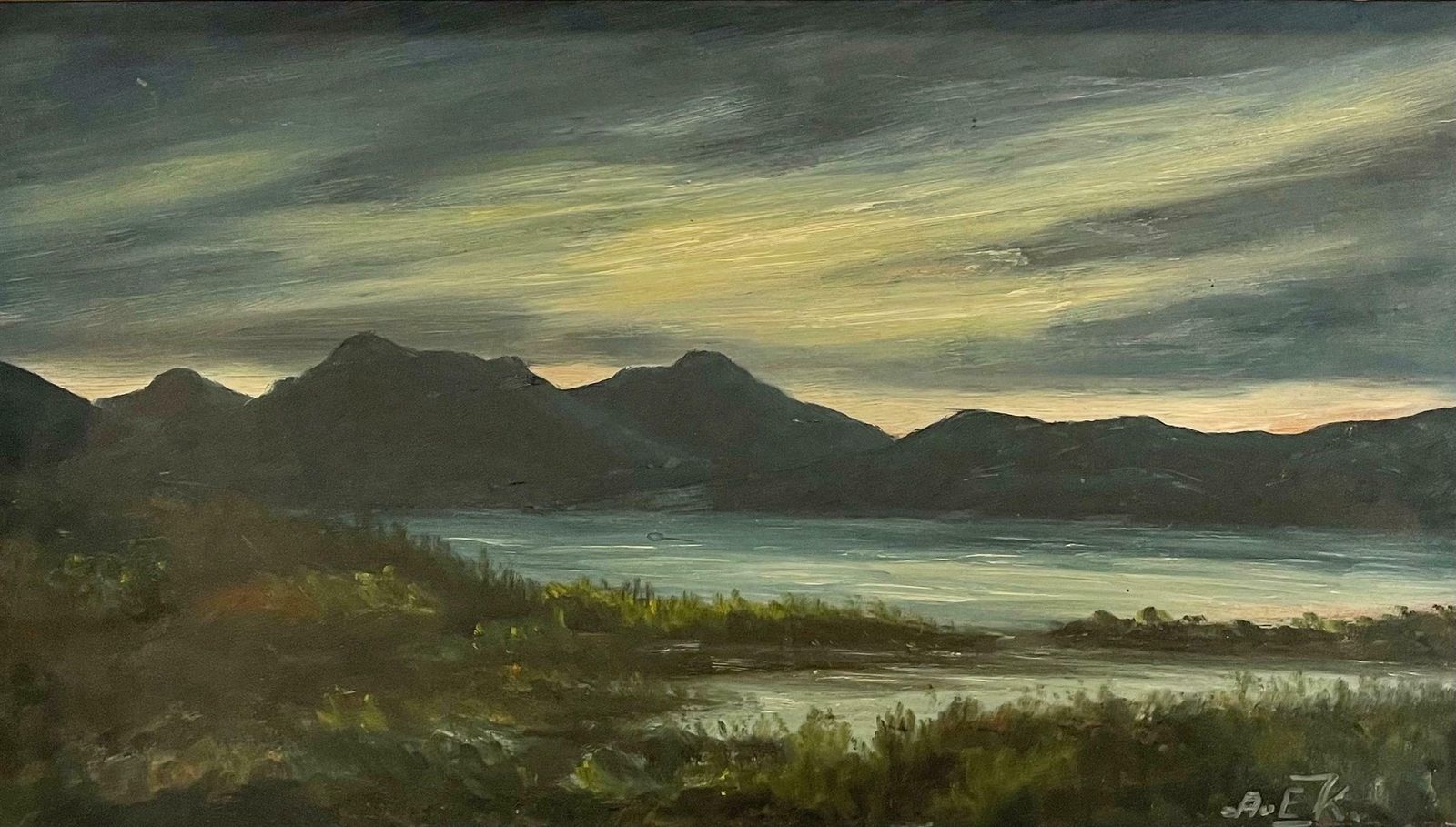 Original Danish Vintage Mid Century Landscape Painting With Motive Of Shoreline With Mountains And Gloomy Skies In Solid Wooden Frame photo furniture