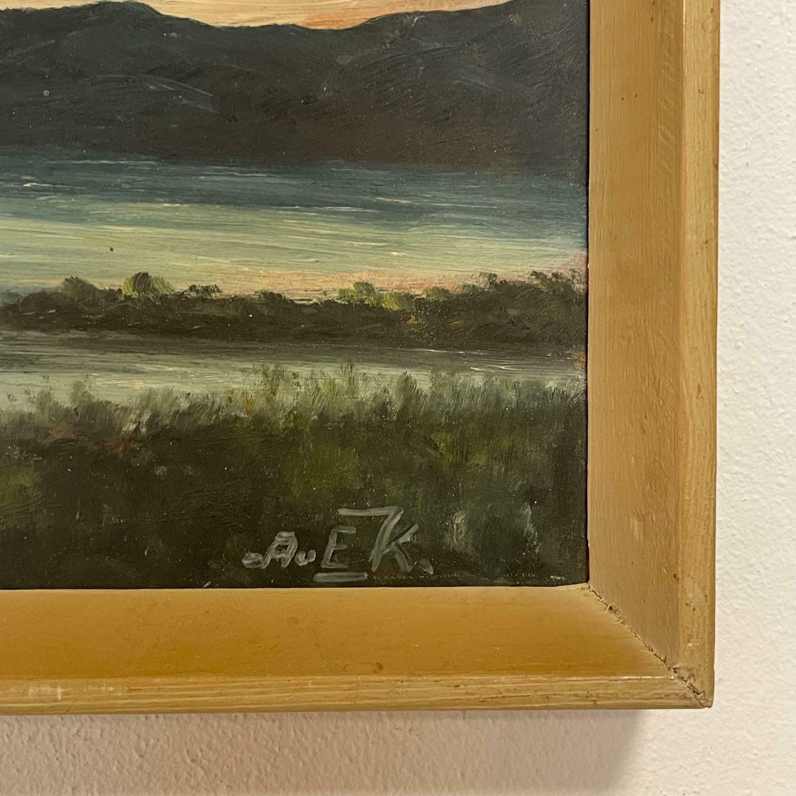 Original Danish Vintage Mid Century Landscape Painting With Motive Of Shoreline With Mountains And Gloomy Skies In Solid Wooden Frame photo for sale