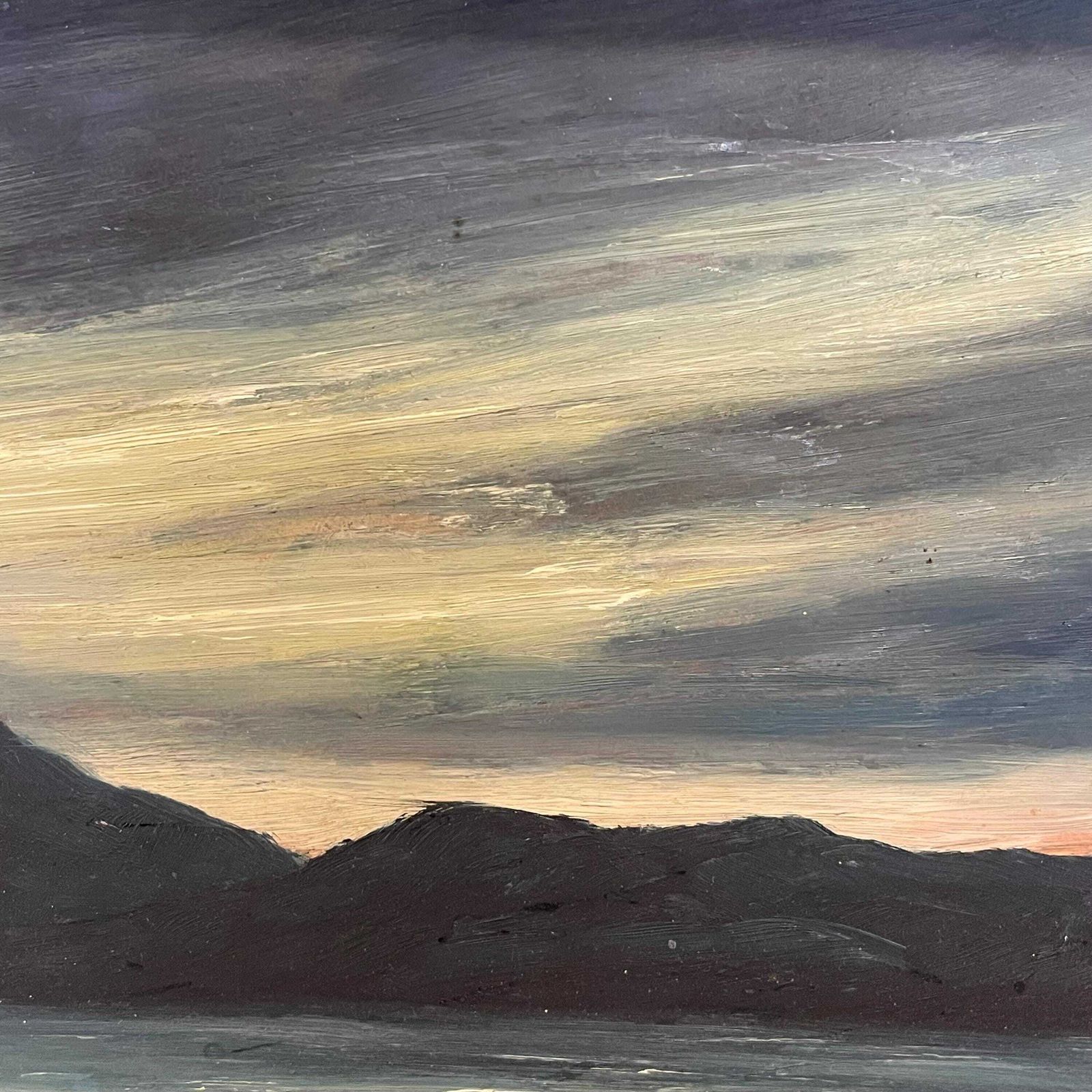 Original Danish Vintage Mid Century Landscape Painting With Motive Of Shoreline With Mountains And Gloomy Skies In Solid Wooden Frame photo vinterior